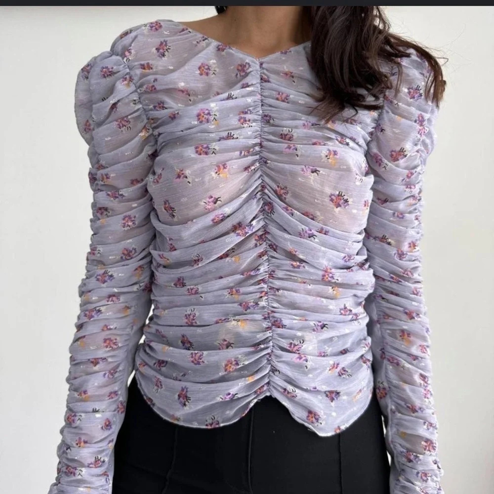 ZARA PRINTED BLOUSE S PURPLE FLORAL GATHERED DETAILS RUCHED LONG SLEEVE